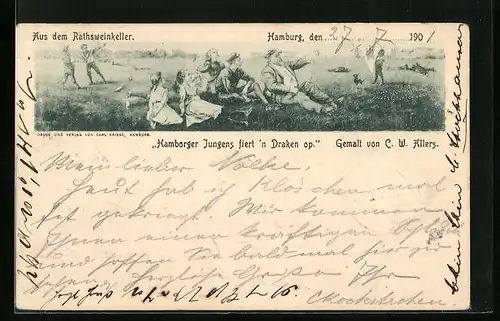 Passepartout-Lithographie Hamburg, Restaurant Ratsweinkeller, Feiernde Gesellschaft im Grünen, Wappen