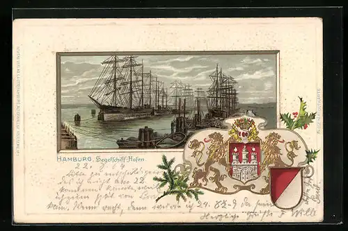 Passepartout-Lithographie Hamburg, Blick auf den Segelschiffhafen, Wappen