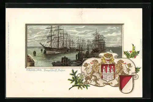 Passepartout-Lithographie Hamburg, Blick auf den Segelschiffhafen, Wappen
