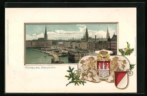 Passepartout-Lithographie Hamburg-Neustadt, Alsterpavillon aus der Vogelschau, Wappen