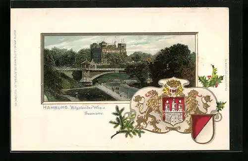 Passepartout-Lithographie Hamburg-St.Pauli, Helgoländer Weg und Seewarte, Wappen