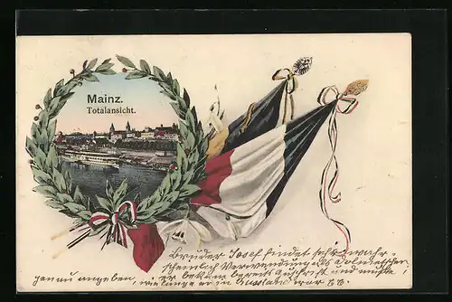 Lithographie Mainz, Totalansicht mit Rheindampfer