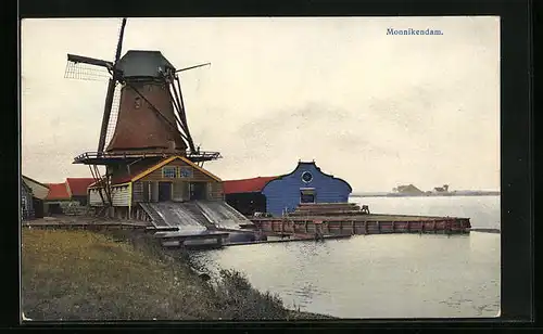 Künstler-AK Photochromie Nr. 2932: Monnikendam, Mühle mit Uferpartie