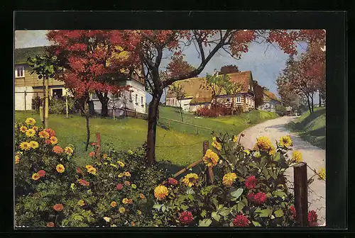 Künstler-AK Photochromie Nr. 3535: Strassenpartie mit blühenden Blumen
