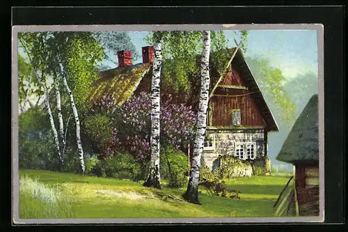 Künstler-AK Photochromie Nr. 581: Häuseransicht mit Fliederbusch