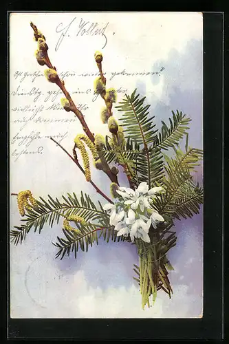 Künstler-AK Photochromie Nr.: Gebundene Zweige mit Weidekätzchen und Schneeglöckchen