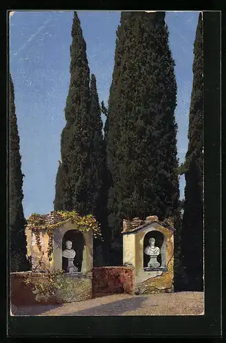 Künstler-AK Photochromie Nr.: 1846, Lebensbäume hinter Steinmauer mit Büsten