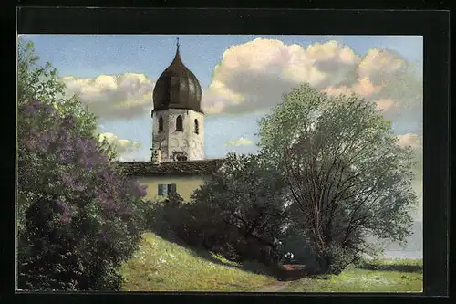 Künstler-AK Photochromie Nr. 2128: Frauenchiemsee, Kirche unweit des Sees