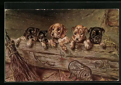 Künstler-AK Vier Hundewelpen hinter einem Baumstamm