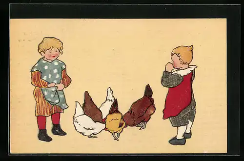 Präge-AK Zwei Kinder mit einer Hühnerschar