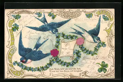 Präge-AK Vier Schwalben mit Brief und Vergissmeinnicht-Banderolen