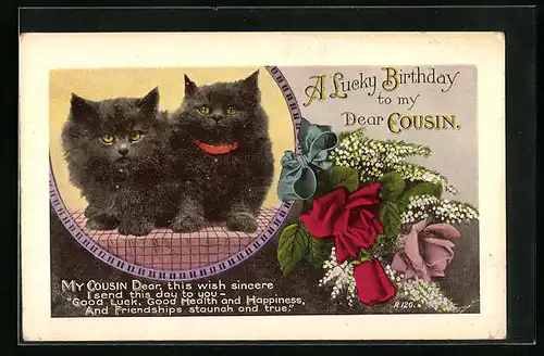 Künstler-AK Zwei kleine schwarze Katzen und ein Blumenstrauss - Geburtstagsgruss