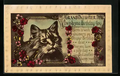 Künstler-AK Katzenportrait und Blumenbanderolen - Geburtstagsgruss