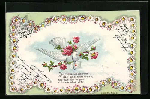 Künstler-AK Brieftaube mit Rosen und Brief, Blumengirlande