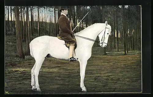AK Reiter auf Schimmel vor einem Nadelwald