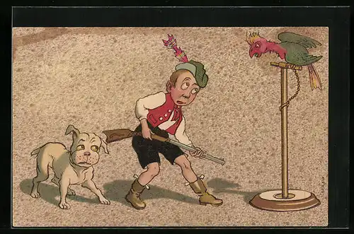 Künstler-AK Hund und Trachtenjunge mit Gewehr vor einem wütenden Papagei