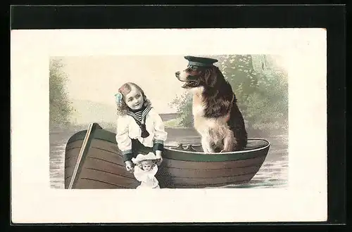 Künstler-AK Mädchen im Matrosenkleid mit Jagdhund in einem Boot