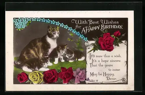 Künstler-AK Katze mit ihren Jungen, Rosenblüten - Geburtstagsgruss