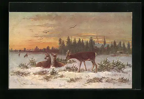 Künstler-AK Drei Rehe in Winter in Sichtweite einer Ortschaft