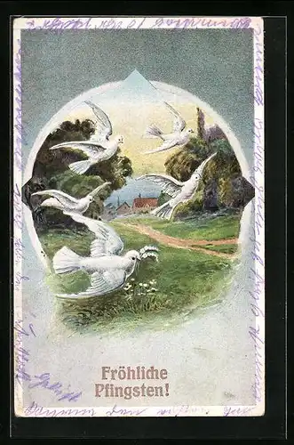 Künstler-AK Fliegende weisse Tauben im Frühling - Pfingstgruss