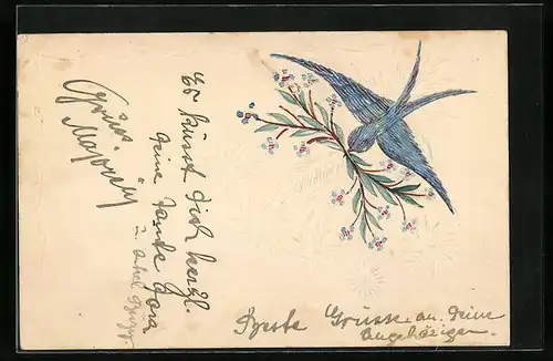 Präge-AK Blaue Schwalbe mit Blütenzweig im Schnabel