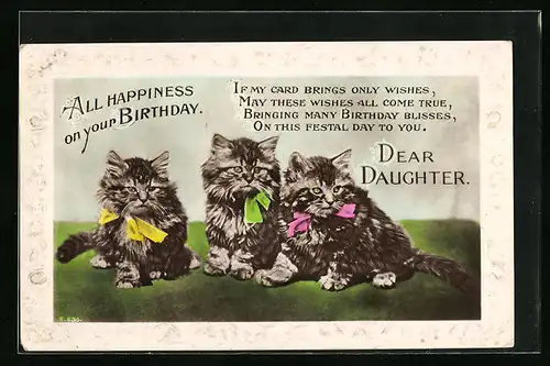 Künstler-AK Drei kleine Katzen mit bunten Schleifen - Geburtstagsgruss