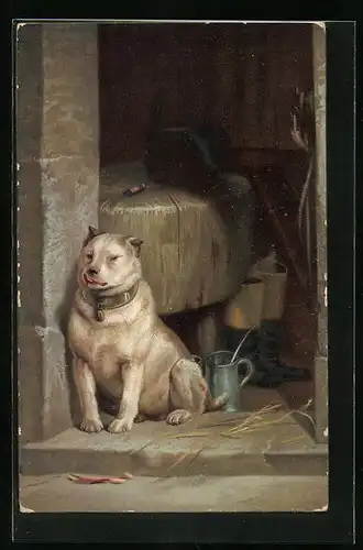 Künstler-AK Hund mit Halsband im Stalleingang