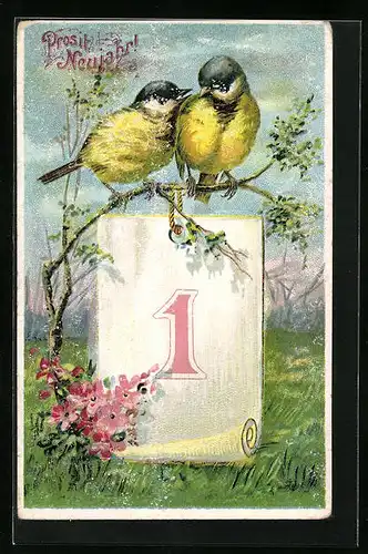 Künstler-AK Zwei Singvogelküken auf Kalender - Neujahrsgruss