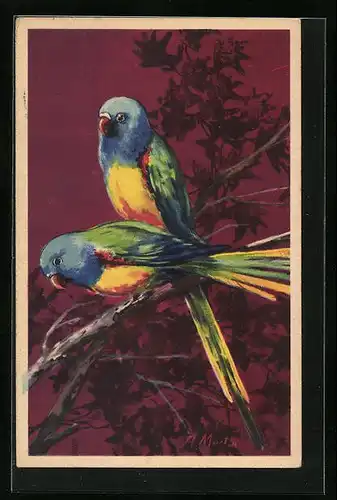 Künstler-AK Zwei Papageien auf einem Ast