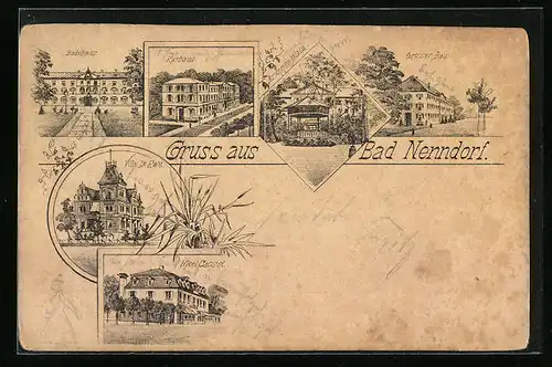 Vorläufer-Lithographie Bad Nenndorf, 1893, Hotel Cassel, Kurhaus, Villa Dr. Ewe
