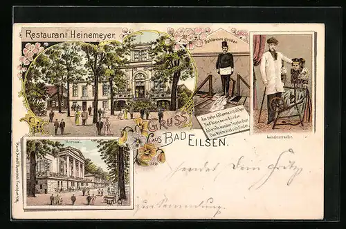 Lithographie Bad Eilsen, Restaurant Heinemeyer, Kursaal, Landestracht