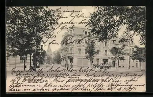 AK Aschersleben, Johannispromenade Ecke Herrenbreite mit Maschinen-Lager und Pferdewagen