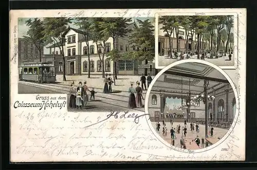 Lithographie Hamburg-Hoheluft, Gasthaus Colosseum mit Strassenbahn, Inneres Saal, Garten