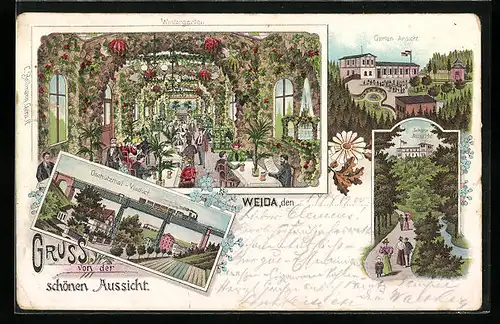 Lithographie Weida, Gasthaus zur schönen Aussicht, Oschützthal-Viaduct