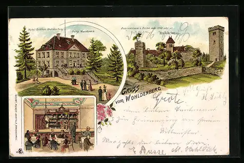 Lithographie Wohldenberg, Hotel-Schloss Wohldenberg, Innenansicht, Aussichtsturm und Ruine mit alter Katholischer Kirche