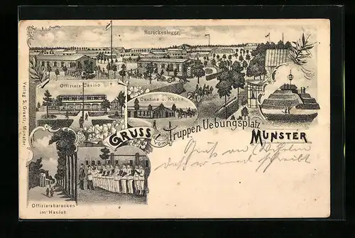 Lithographie Munster, Truppen-Übungsplatz, Offiziers-Casino, Cantine u. Küche, Offiziersbaracken im Hanloh