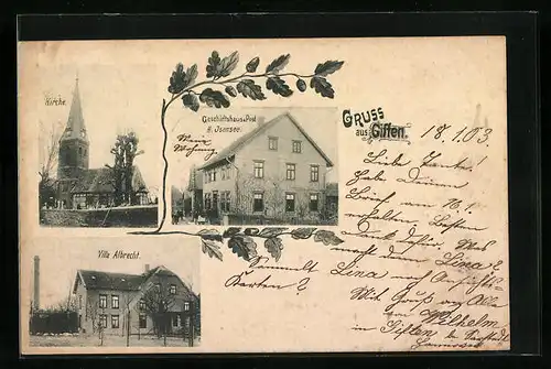 AK Giften, Geschäftshaus & Post H. Isensee, Villa Albrecht, Kirche