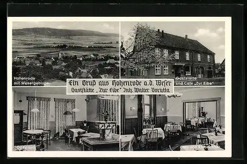 AK Hohenrode a. d. Weser, Gasthaus Zur Eibe, Innenansichten Gastraum, Cafe und Klubzimmer
