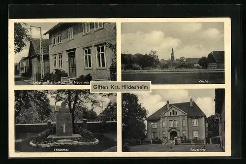 AK Giften /Krs. Hildesheim, Lebensmittelgeschäft und Post v. H. Neumann, Bauernhof, Ehrenmal