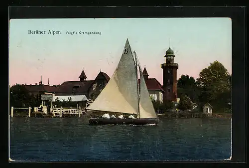 AK Berlin-Müggelheim, Gasthaus Voigt`s Krampenburg mit Segelboot, Berliner Alpen