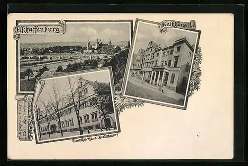 AK Aschaffenburg, Teilansicht mit Brücke, Deutsches Haus Stadttheater, Rathaus