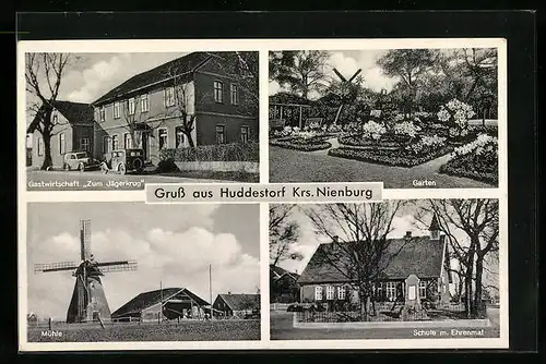 AK Huddestorf /Kr. Nienburg, Gasthaus Zum Jägerkrug, Schule mit Ehrenmal, Mühle