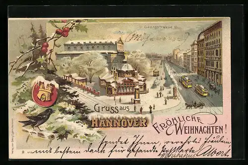 Winter-Lithographie Hannover, Georgstrasse mit Strassenbahnen, Wappen, Ebereschenzweig, Vogel - Weihnachtsgruss