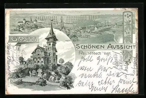 Lithographie Reichenbach im Vogtl., Blick vom Turm nach Mylau, Gasthaus Schöne Aussicht