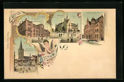 Lithographie Bochum, Ständehaus, Landgericht, Alter Markt und Probstei-Kirche