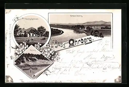 Lithographie Ohrberg, Ohrberg-Restaurant, Ohrberg mit Dmpfer, Blick vom Ohrberg