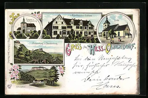 Lithographie Hess. Oldendorf, Schaumburg, Kirche, Münchhausens Schloss, Hohenstein