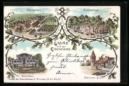 Lithographie Hannover, Eilenriede - Pferdethurm, Gasthaus Bischofshole, Döhrener Turm