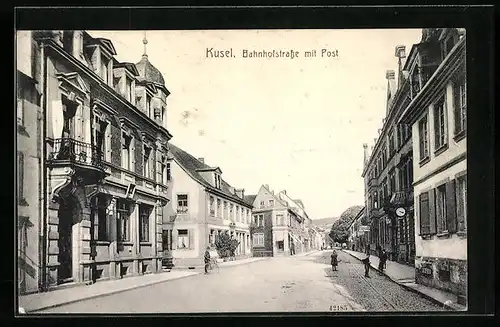 AK Kusel, Bahnhofstrasse mit Post