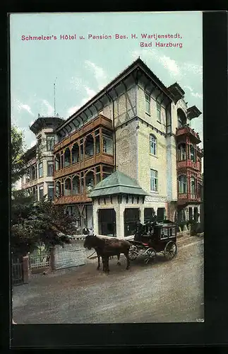 AK Bad Harzburg, Schmelzers Hotel und Pension mit Kutsche